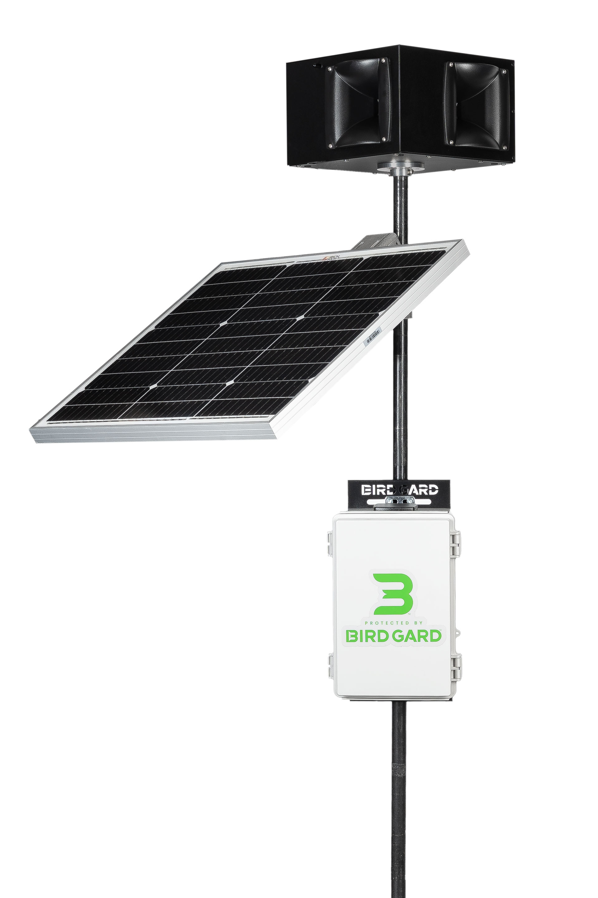Bird Gard Apex 1200 installed on post in field.