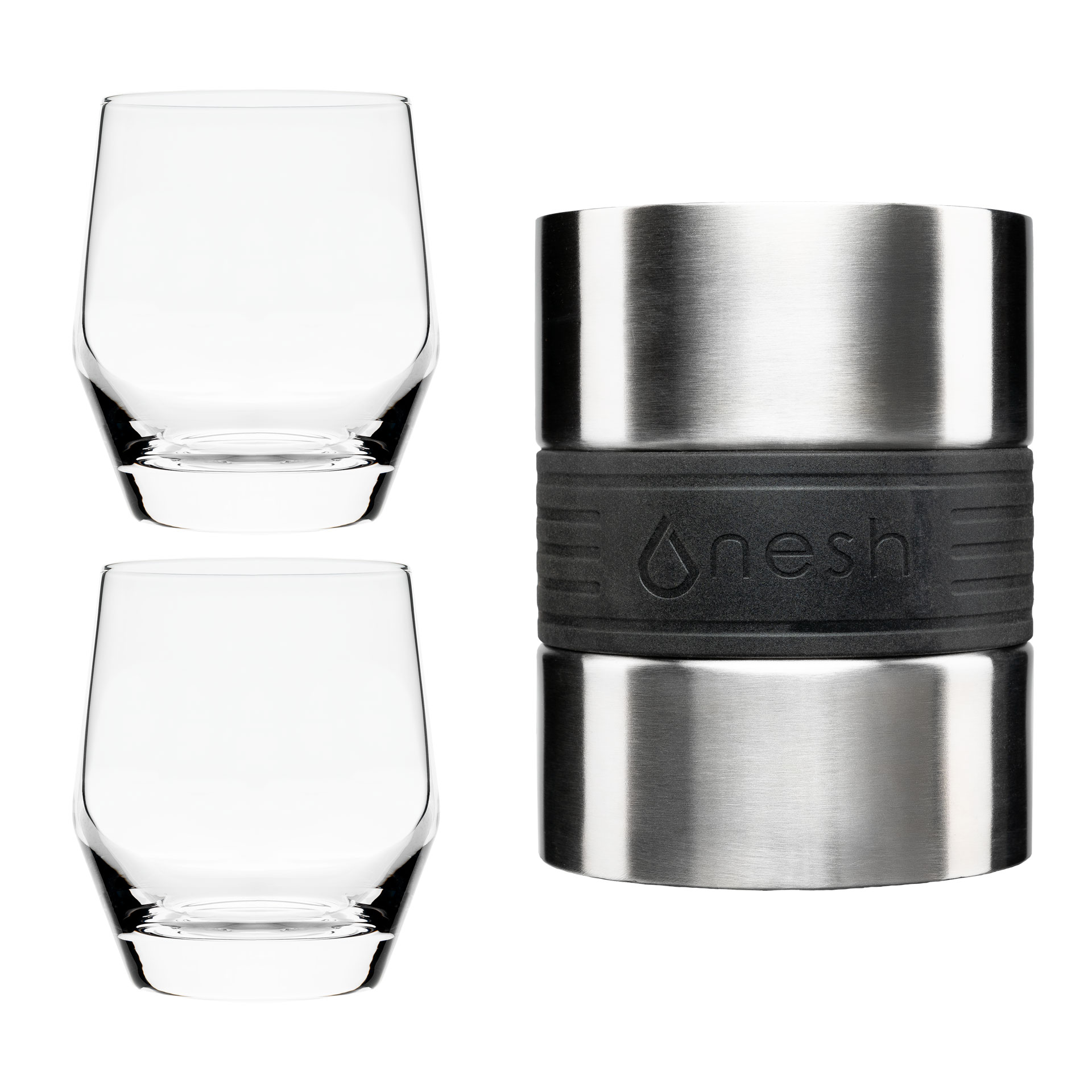 Nesh whiskey chiller and tumbler set — premium product photography hero shot.
